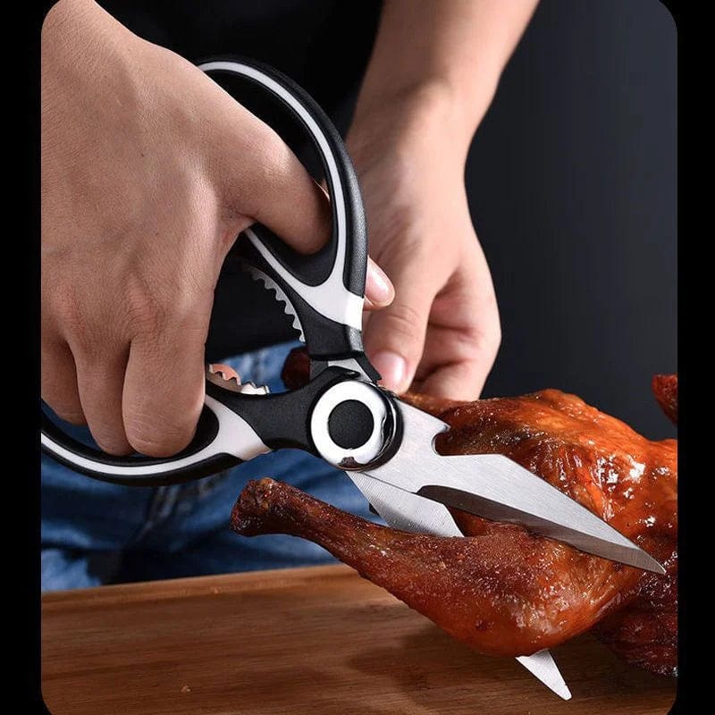 LETIITTGOO stainless steel kitchen scissors with sharp blades, non-slip grip, ideal for cutting chicken bones, fish, and meat.