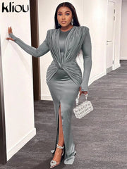 kliou Elegant Solid Maxi Dress Women Classic Cross Ruched Long Sleeve Split Body - shaping Robe Female High Street Party Vestidos - SHOWLU FASHION STORE