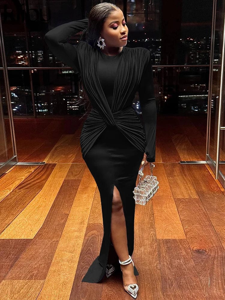 kliou Elegant Solid Maxi Dress Women Classic Cross Ruched Long Sleeve Split Body - shaping Robe Female High Street Party Vestidos - SHOWLU FASHION STORE