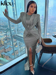 kliou Elegant Solid Maxi Dress Women Classic Cross Ruched Long Sleeve Split Body - shaping Robe Female High Street Party Vestidos - SHOWLU FASHION STORE