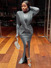 kliou Elegant Solid Maxi Dress Women Classic Cross Ruched Long Sleeve Split Body - shaping Robe Female High Street Party Vestidos - SHOWLU FASHION STORE