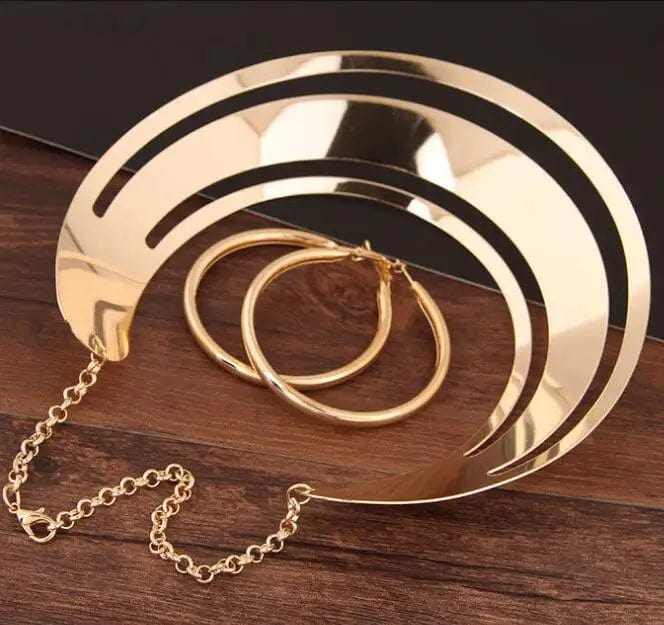 Gold KMVEXO torques necklace and round earrings set for women, stylish party jewelry and accessories.