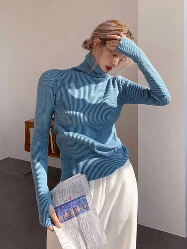 Slim fit women's knitted turtleneck sweater by SHOWLU FASHION STORE, solid color, warm cotton pullover for winter.