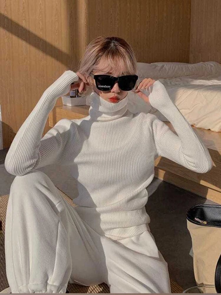 AOSSVIAO women's slim fit knitted turtleneck sweater in solid color, cozy winter cotton pullover, stylish and warm.