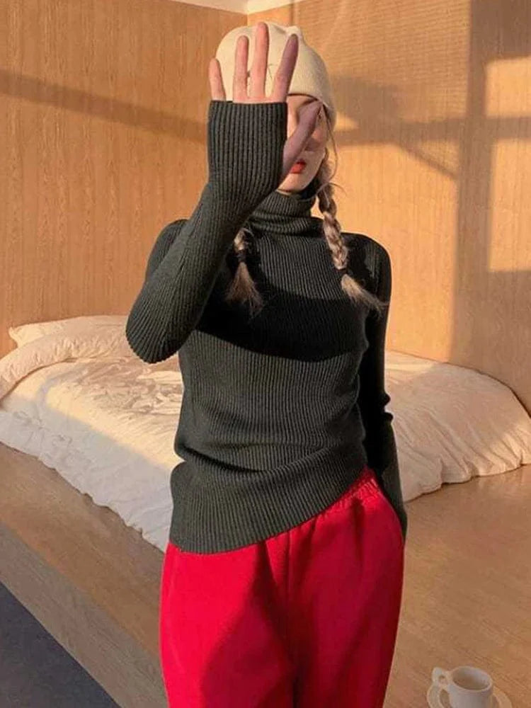 AOSSVIAO women's slim fit turtleneck knitted sweater in solid color, cozy cotton pullover for winter, stylish and warm.