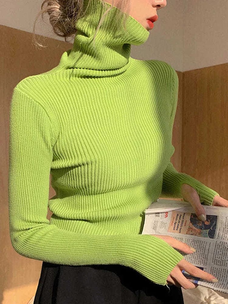 Knitted Sweater Women Korean Version Turtleneck Sweater Winter Solid Color Pullover Slimming Interior Lapping Warm Basic Tops - SHOWLU FASHION STORE