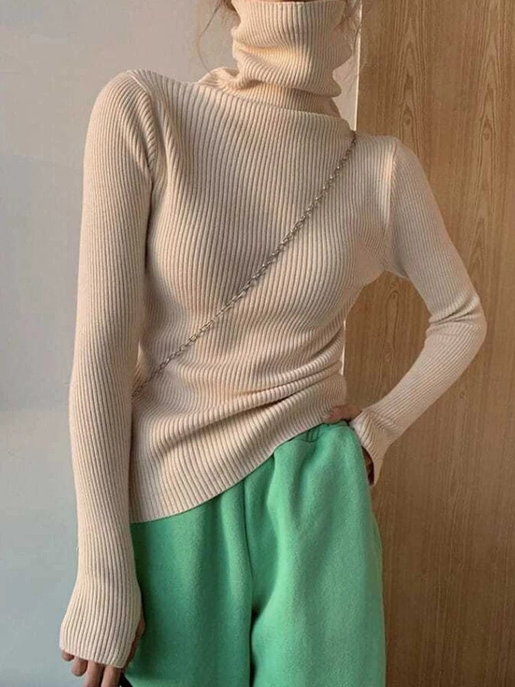 Knitted Sweater Women Korean Version Turtleneck Sweater Winter Solid Color Pullover Slimming Interior Lapping Warm Basic Tops - SHOWLU FASHION STORE
