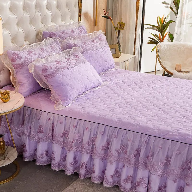 Korea Solid Brushed Bedspread Set Lace Quilted Queen King Size Ruffles Bedskirt Double Bed Cover with 2 Pillowcases - SHOWLU FASHION STORE