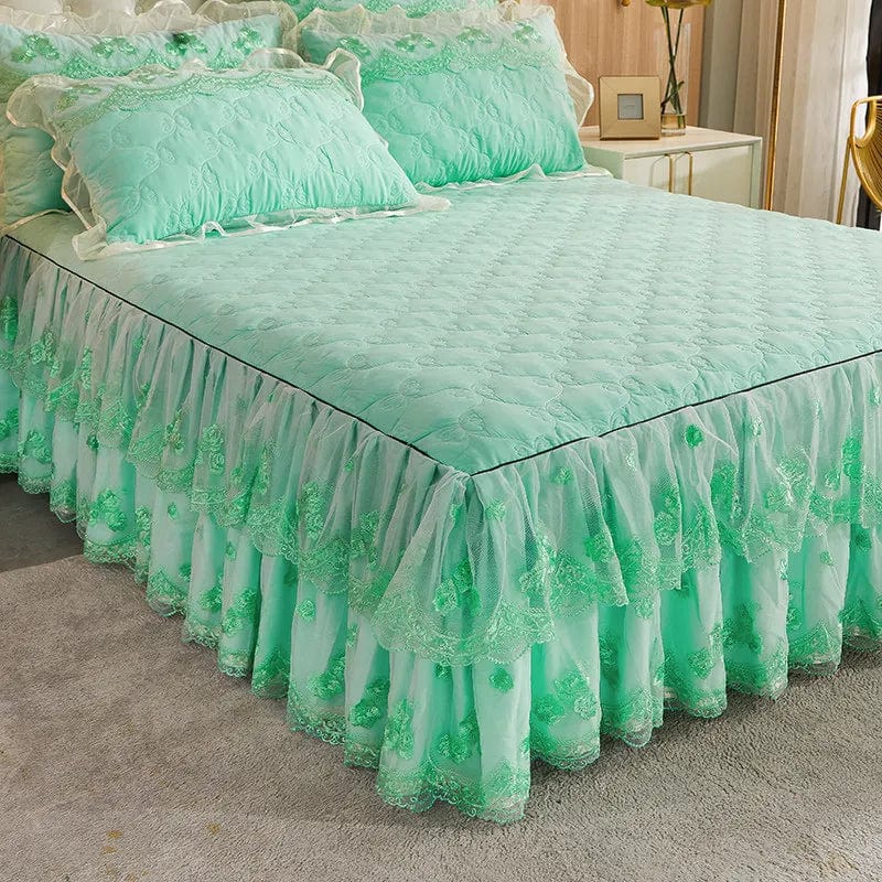 Ai·Winsure Brushed Lace Quilted Bedspread Set with ruffled bedskirt and pillow shams, in queen and king sizes, featuring elegant lace details