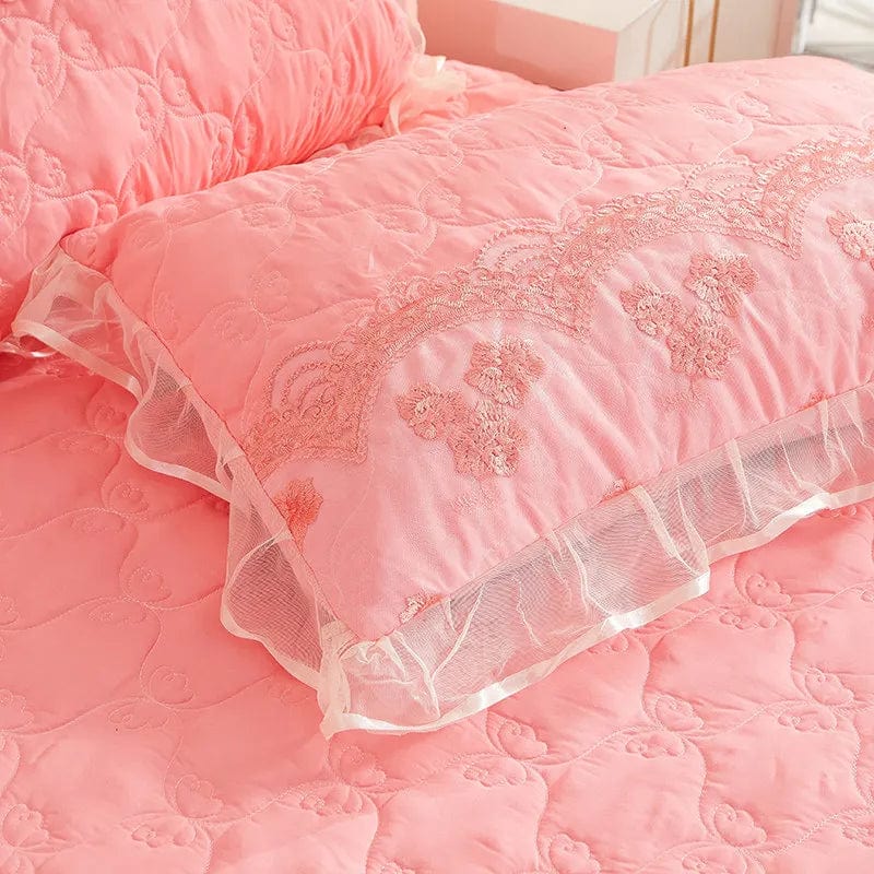 Korea Solid Brushed Bedspread Set Lace Quilted Queen King Size Ruffles Bedskirt Double Bed Cover with 2 Pillowcases - SHOWLU FASHION STORE