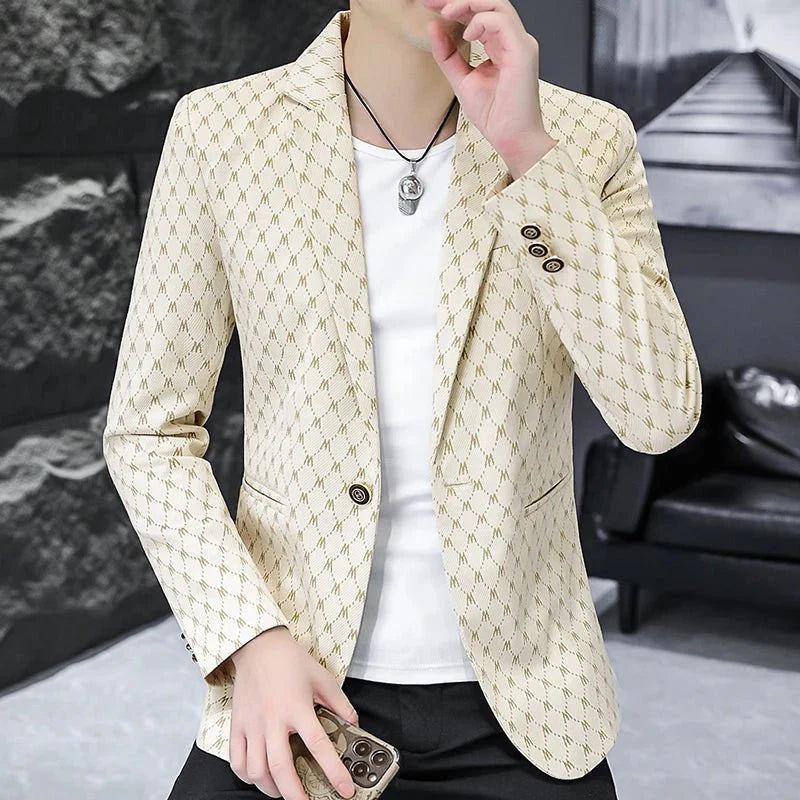 West Chalet Master men's Korean letter print slim fit casual blazer with stylish design and tailored fit, perfect for spring streetwear.