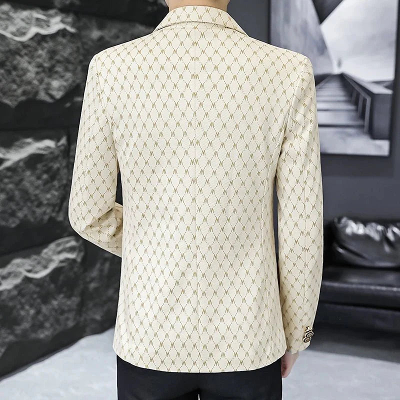 Men's slim fit casual blazer with Korean letter print, stylish streetwear design, perfect for spring and social occasions.