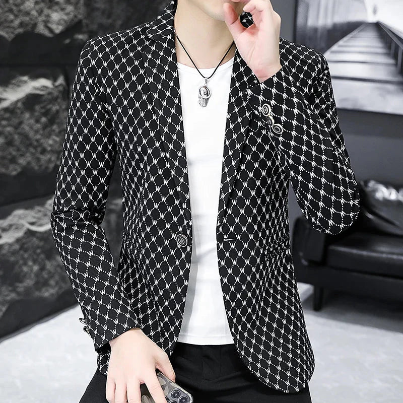 West Chalet Master men's slim fit casual blazer with Korean letter print, stylish streetwear jacket for spring 2024.