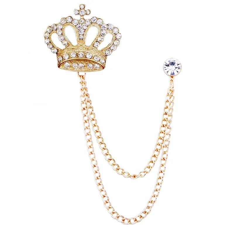 Luxury rhinestone crown brooch pin with tassel, zinc alloy accessory for men's suit or shirt collar, elegant jewelry accent.