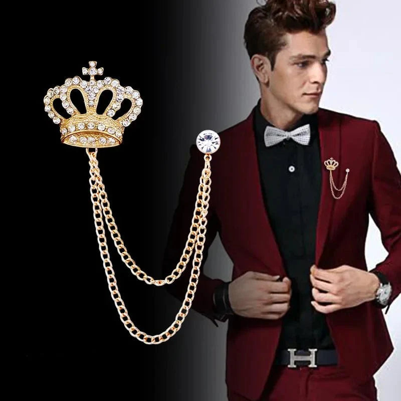 Luxury men's rhinestone crown brooch pin with tassel, zinc alloy jewelry accessory for suits, shirts, and lapels.