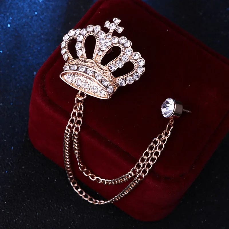 Luxury rhinestone crown brooch pin with tassel for men, zinc alloy jewelry accessory, worn on suit lapel or shirt collar.