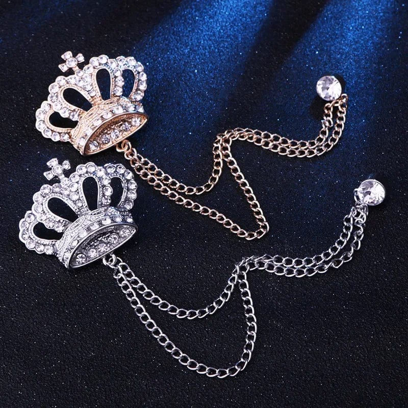 Luxury rhinestone crown brooch pin with tassel for men, zinc alloy jewelry accessory for suits, shirts, and lapels.