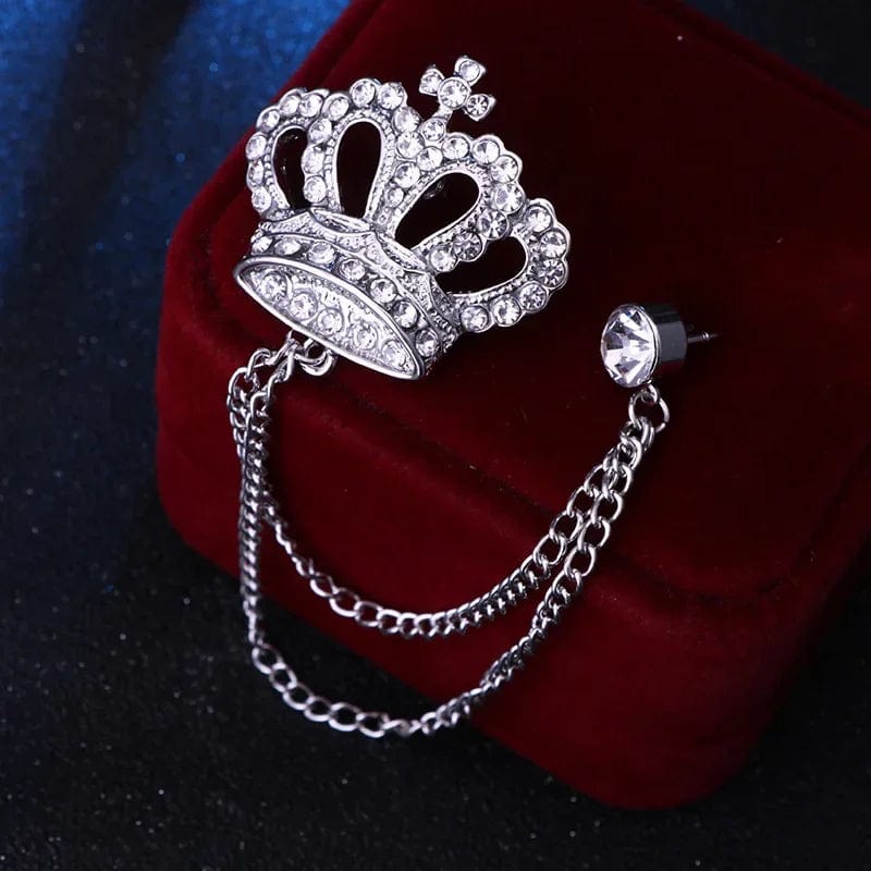 Luxury men's rhinestone crown brooch pin with tassel, zinc alloy jewelry accessory for suits, shirts, and lapels.