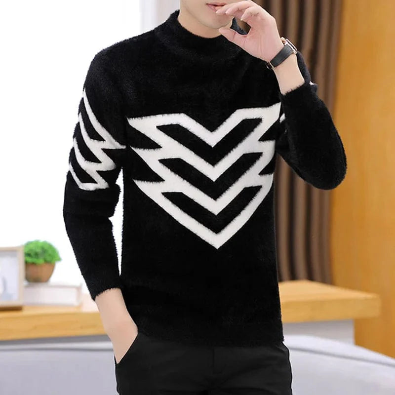 SHOWLU Men's mock neck knitted sweater, loose fit winter pullover with stretch-knit fabric, plush material, Korean style, versatile outerwear
