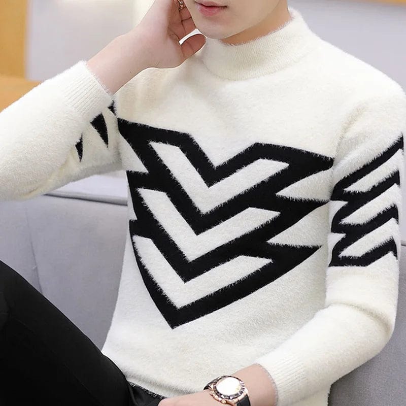 Men's SHOWLU knitted mock neck sweater with loose fit, winter pullover top featuring stretchy, plush knit fabric for warmth and style.