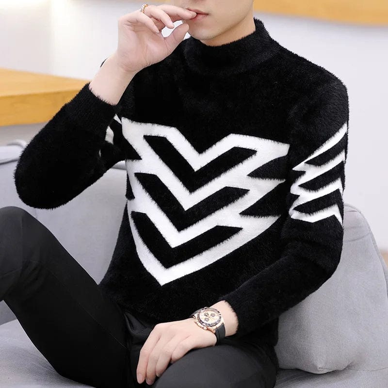 SHOWLU Men's mock neck knitted sweater with loose fit, winter pullover featuring a plush, stretchy knit fabric and versatile style.