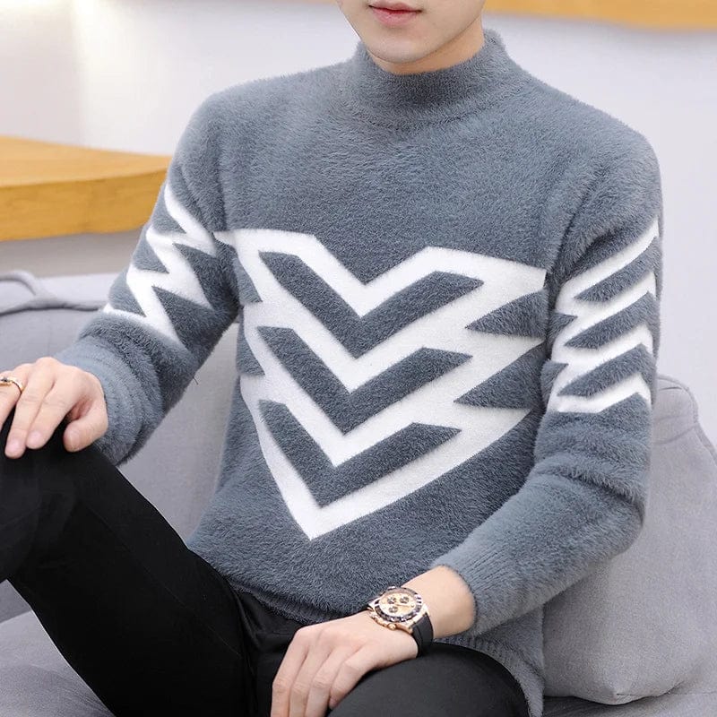 Men's loose fit mock neck knitted sweater by SHOWLU FASHION STORE, versatile winter pullover with plush, stretch fabric.