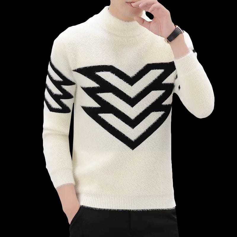 Men's loose fit knitted sweater with mock neck, versatile winter pullover in a Korean style, featuring plush fabric and stretch fit.