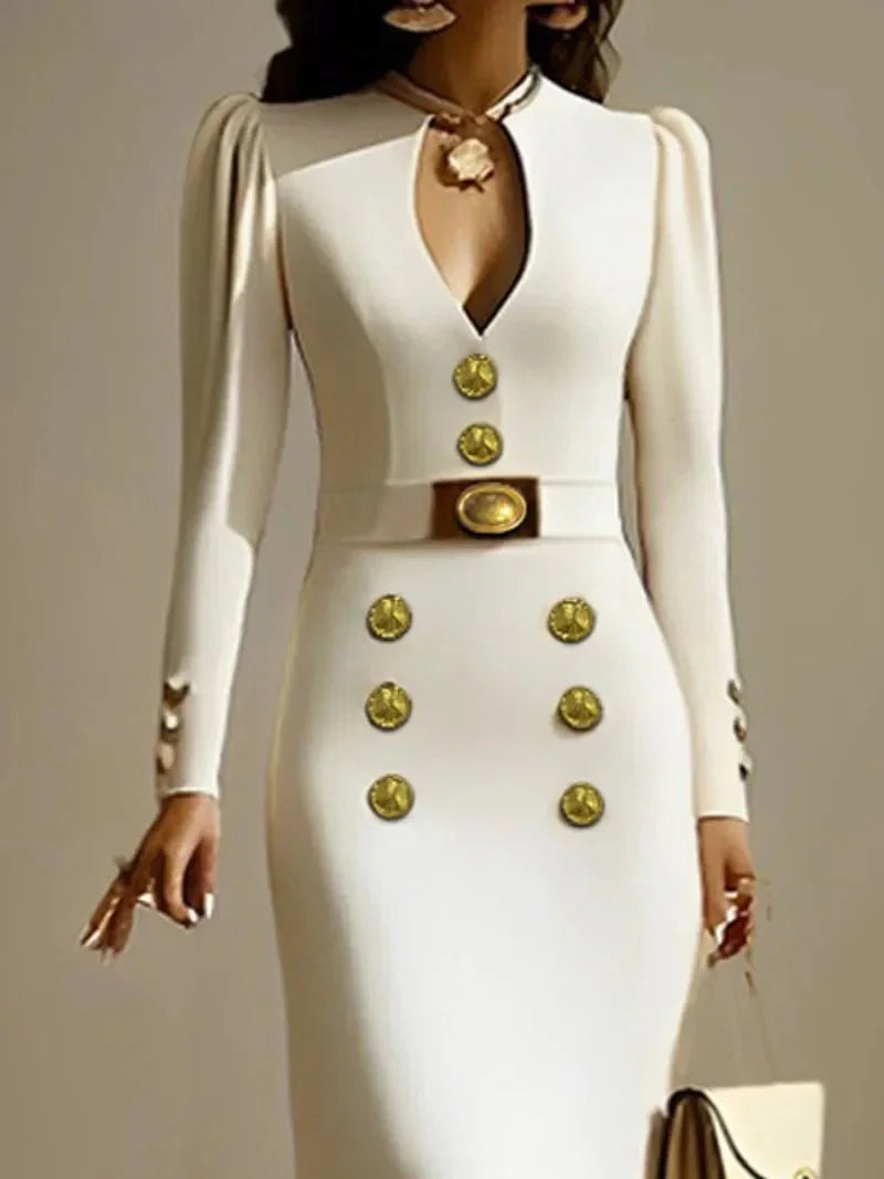 Krisstar women's sweetheart neckline long sleeve formal evening dress with button details, suitable for weddings and banquets.
