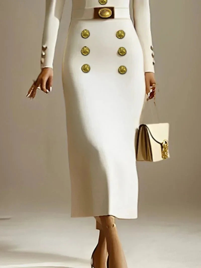 Krisstar Women's Sweetheart Neck Long Sleeve Formal Evening Dress with buttons, elegant design for special occasions by SHOWLU FASHION.