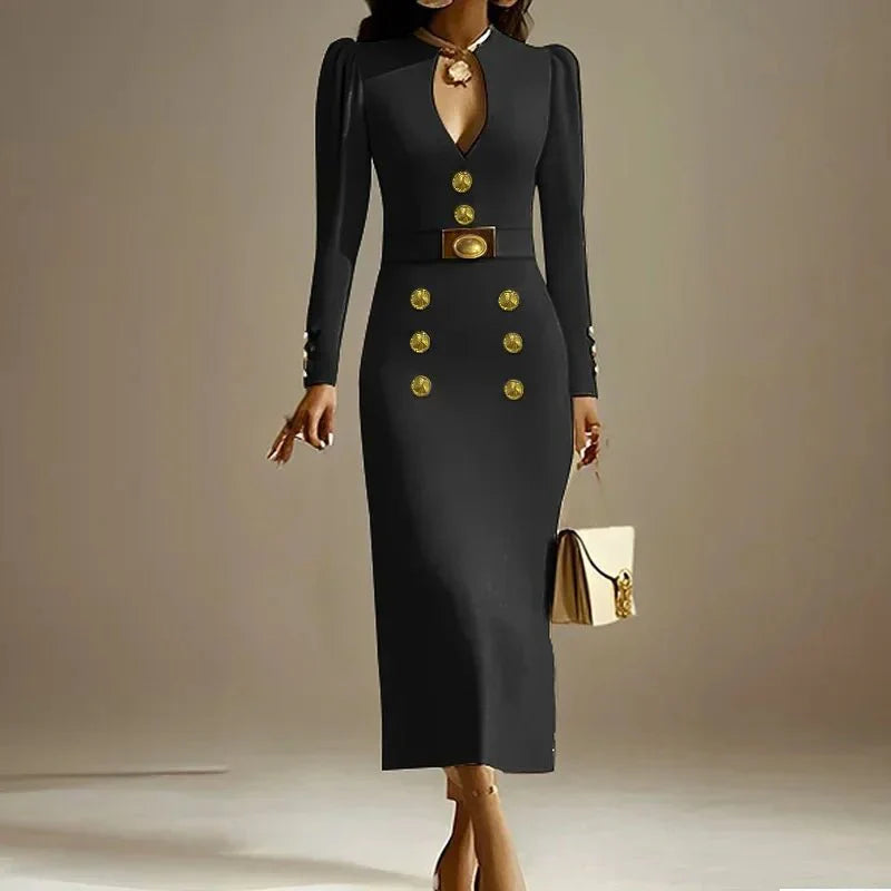 Krisstar Women's sweetheart neckline long sleeve formal evening dress with button details, suitable for weddings and banquets.