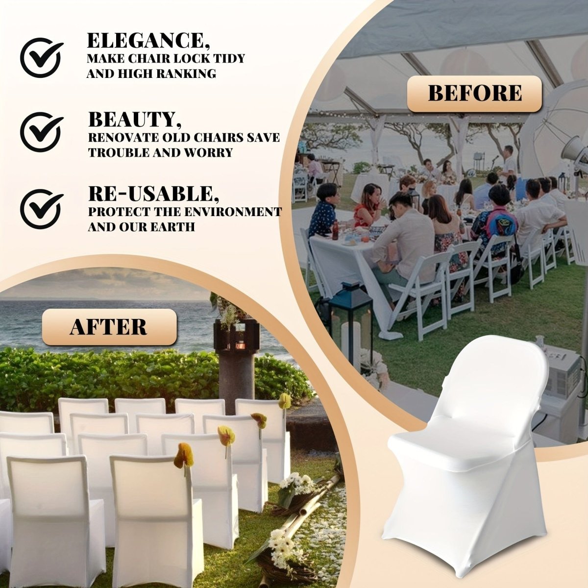 KUOGO 100 PCS Stretch Spandex Folding Chair Covers, Universal Fitted Chair Cover, Removable Washable Protective Slipcovers, for Wedding, Holiday, Banquet, Party, Celebration, Dining White - SHOWLU FASHION STORE