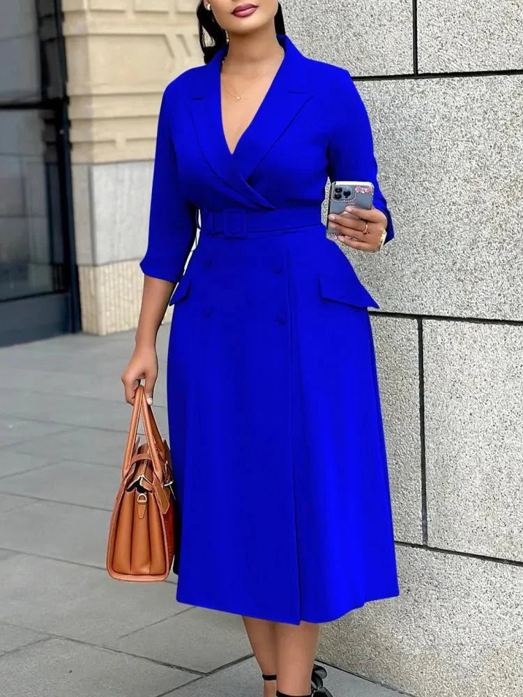Plus size women's midi dress by SHOWLU FASHION STORE, V-neck A-line design, casual office wear, summer/autumn style