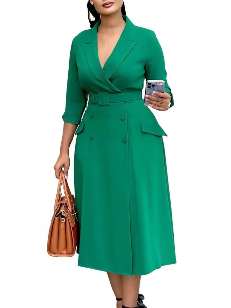 Plus size women's midi dress by SHOWLU FASHION STORE featuring a V-neck, A-line silhouette, perfect for office or casual wear.