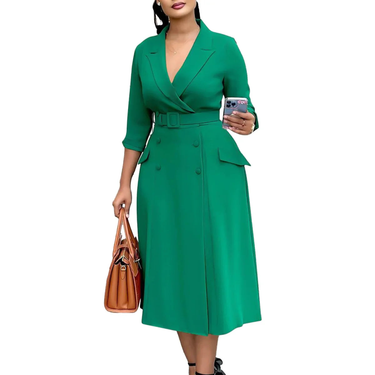Kresima women's plus size midi dress with V-neck, A-line silhouette, casual office style, loose fit for summer and autumn.