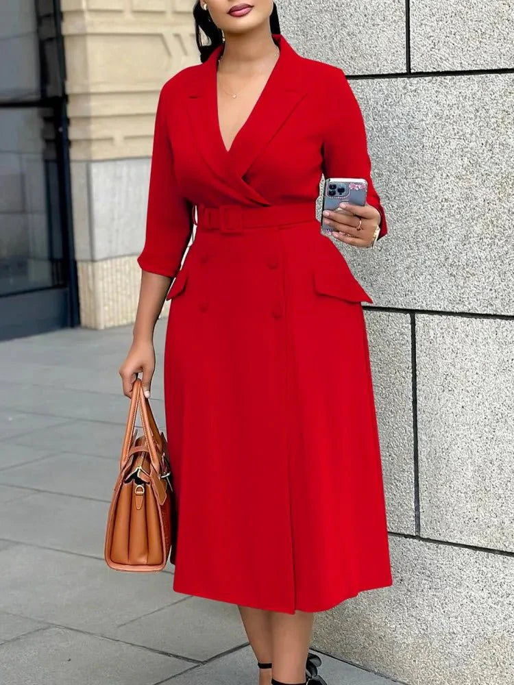 Plus size women's midi dress by SHOWLU FASHION, V-neck A-line style suitable for office and casual summer or autumn wear.