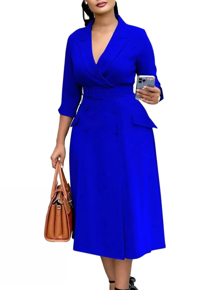 Plus size women's midi dress by SHOWLU FASHION STORE, V-neck A-line office lady dress, loose and casual for summer and autumn.