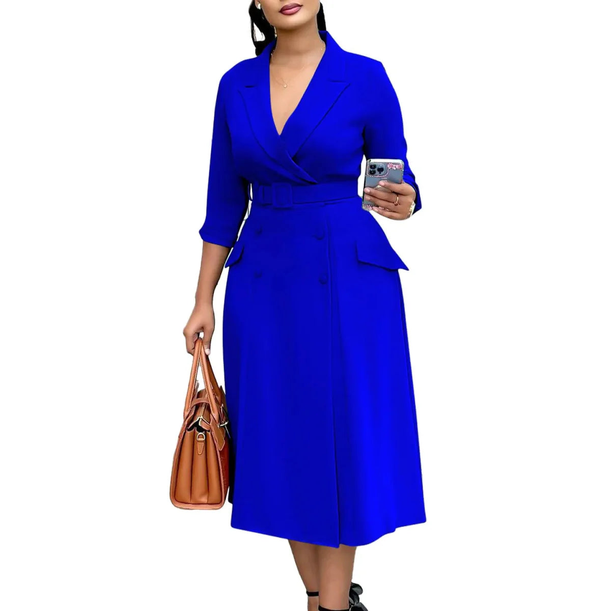 Plus size women's midi dress by SHOWLU FASHION, V-neck A-line style, casual office lady robe, in loose, summer-autumn fabric.