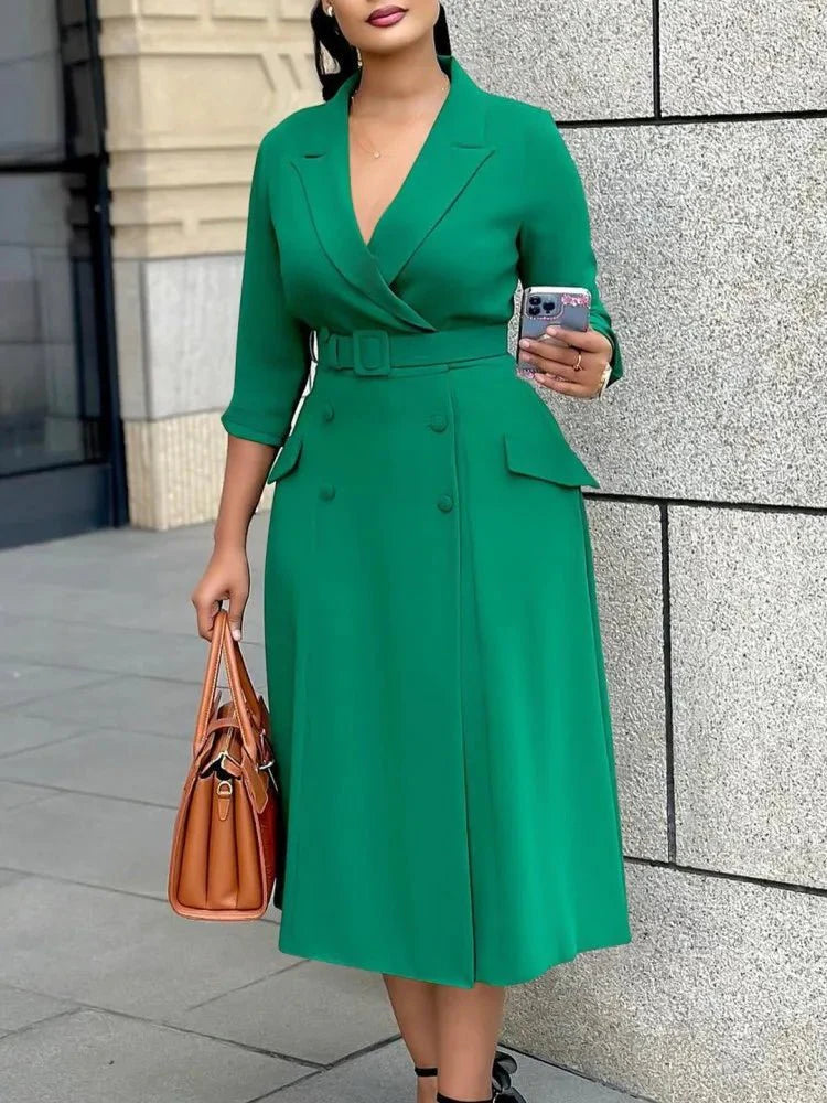 Plus size Kresima women's midi dress with V-neck and A-line silhouette, perfect for office or casual summer wear.
