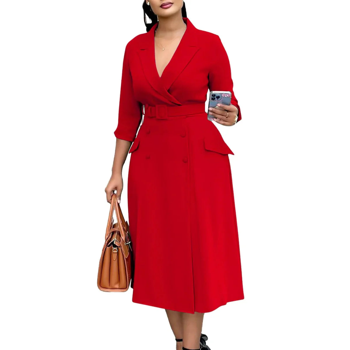 Plus size women's midi dress with V-neck and A-line silhouette, casual and office-appropriate, shown in a loose fit for summer and autumn.