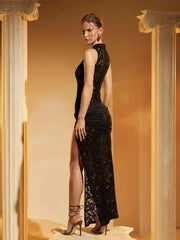 Lace Dresses For Women Fashion Sexy Elegant Solid Sleeveless Tank Hollow Out O - Neck High Side Split Slim Fit Long Vestidos Robes - SHOWLU FASHION STORE