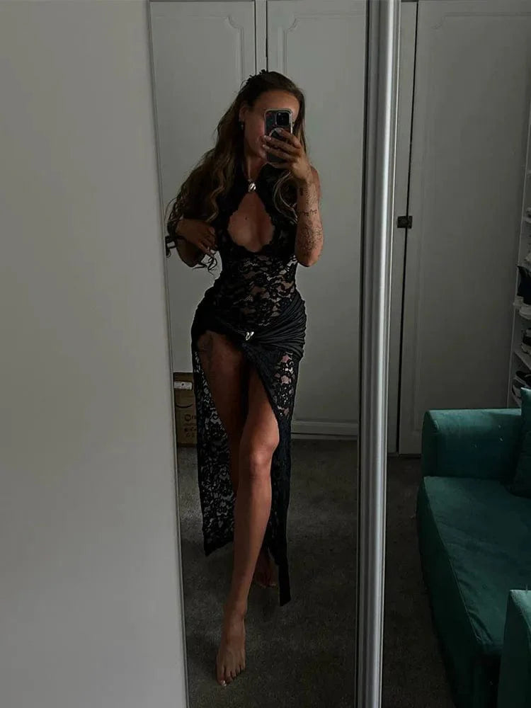 Sexy women's lace sleeveless O-neck dress with high side slit, slim fit, elegant design, perfect for stylish occasions.