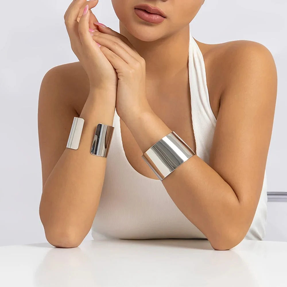 Lacteo Gold Color Smooth Wide Cuff Bracelet for women, punk style open big bangle jewelry with a modern, bold design