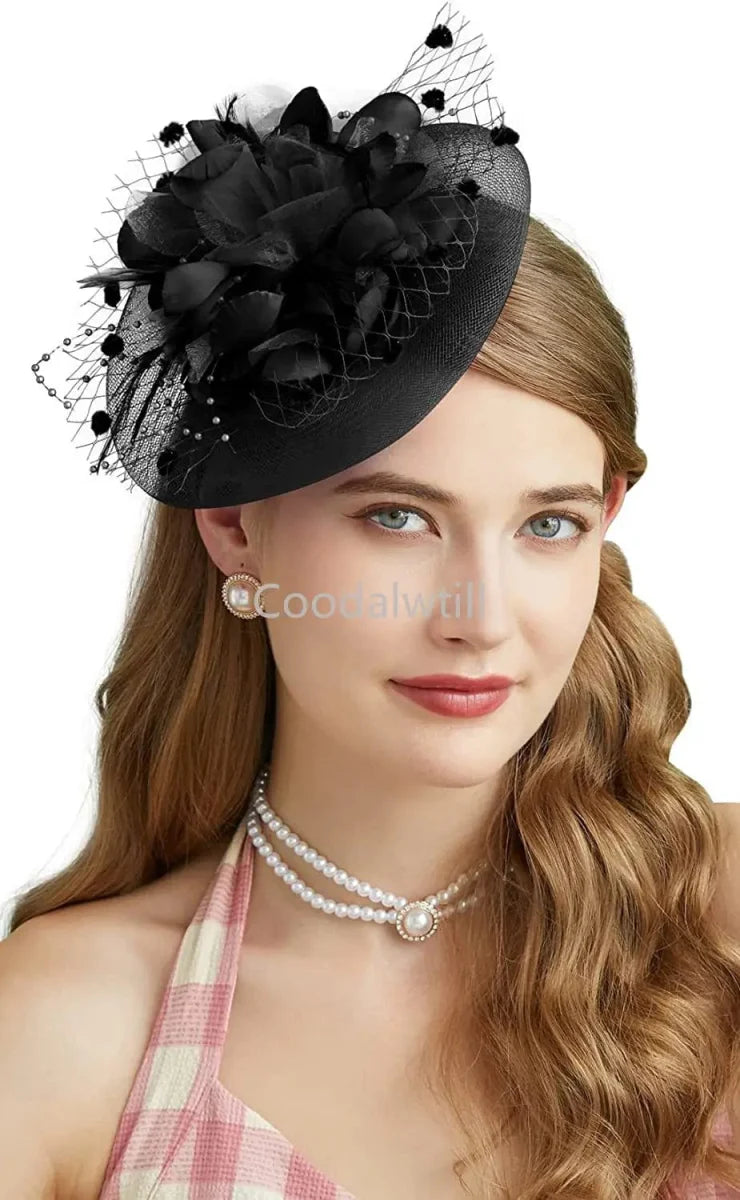 Showlu Women's Mesh Flower Fascinator Hat with feather and veil, elegant headwear for weddings, parties, and church events.