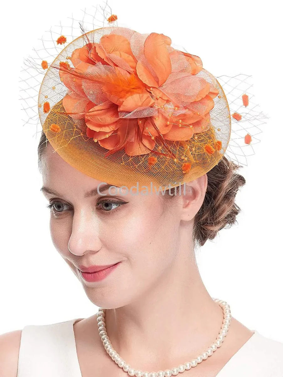 Showlu Women's mesh flower fascinator hat with feather wedding veil and headwear for special occasions and tea parties.