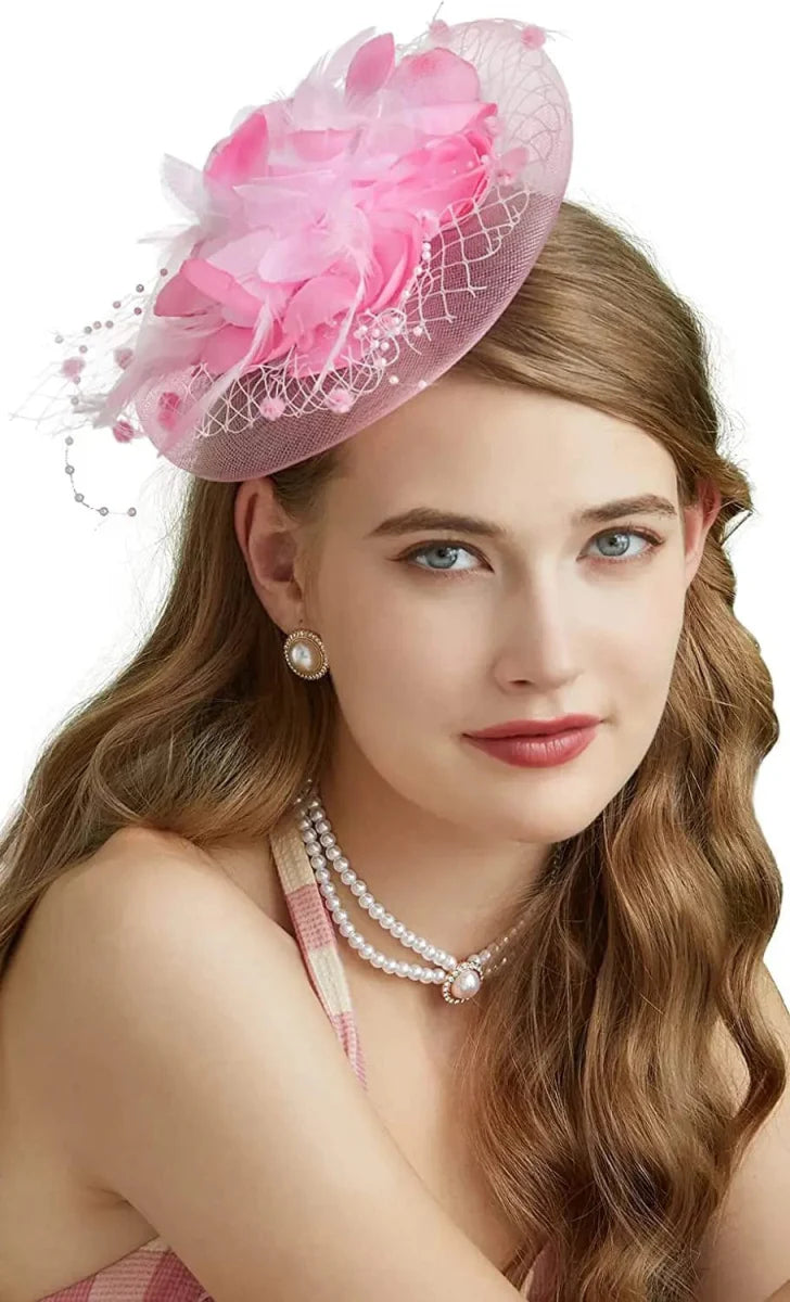 Showlu Women's mesh flower fascinator hat with feather veil, perfect for wedding, tea party, or church events.