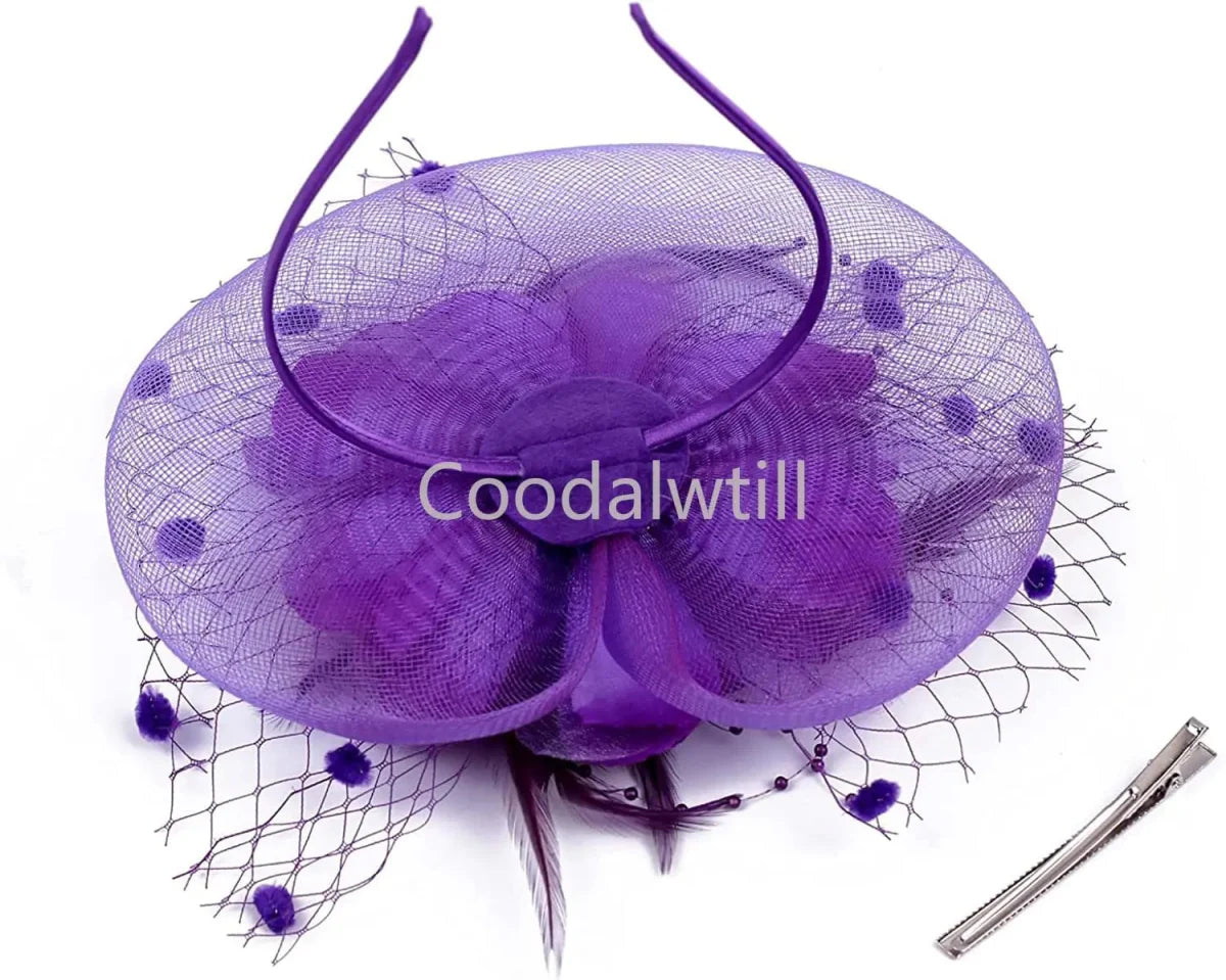Showlu Women's mesh flower fascinator hat with feather and veil for wedding, tea party, and formal events, elegant headwear accessory.