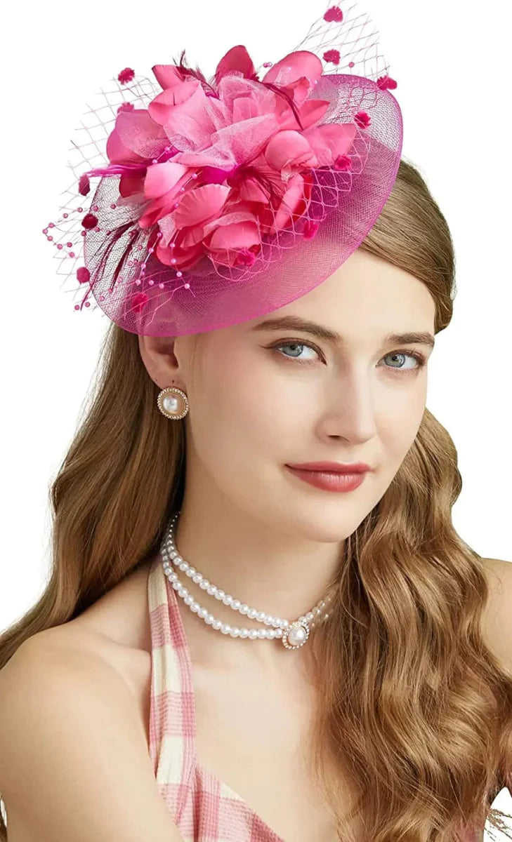 Showlu Women's mesh flower fascinator hat with feather and veil, perfect for weddings, parties, and formal events.