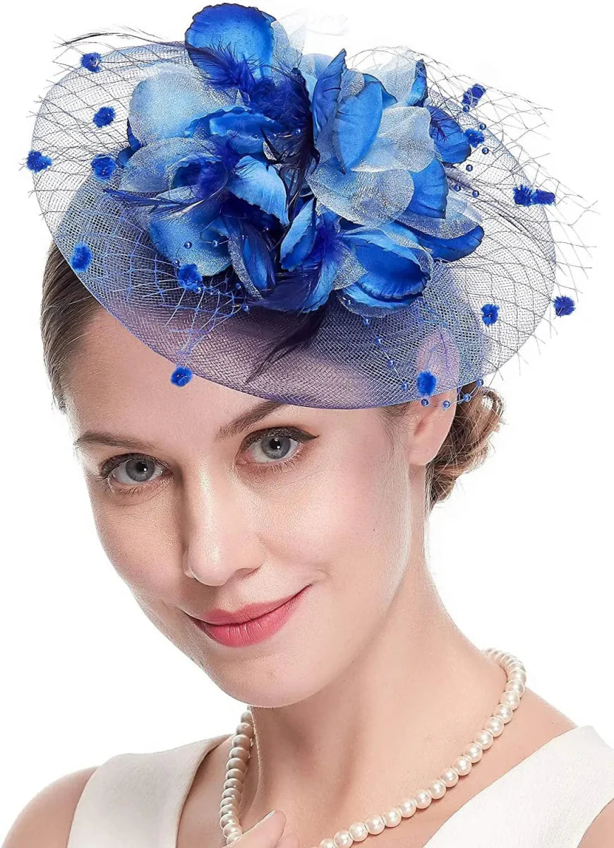 Showlu Women's Mesh Flower Fascinator Hat with veil, feather accents, perfect for wedding, tea parties, and special occasions.