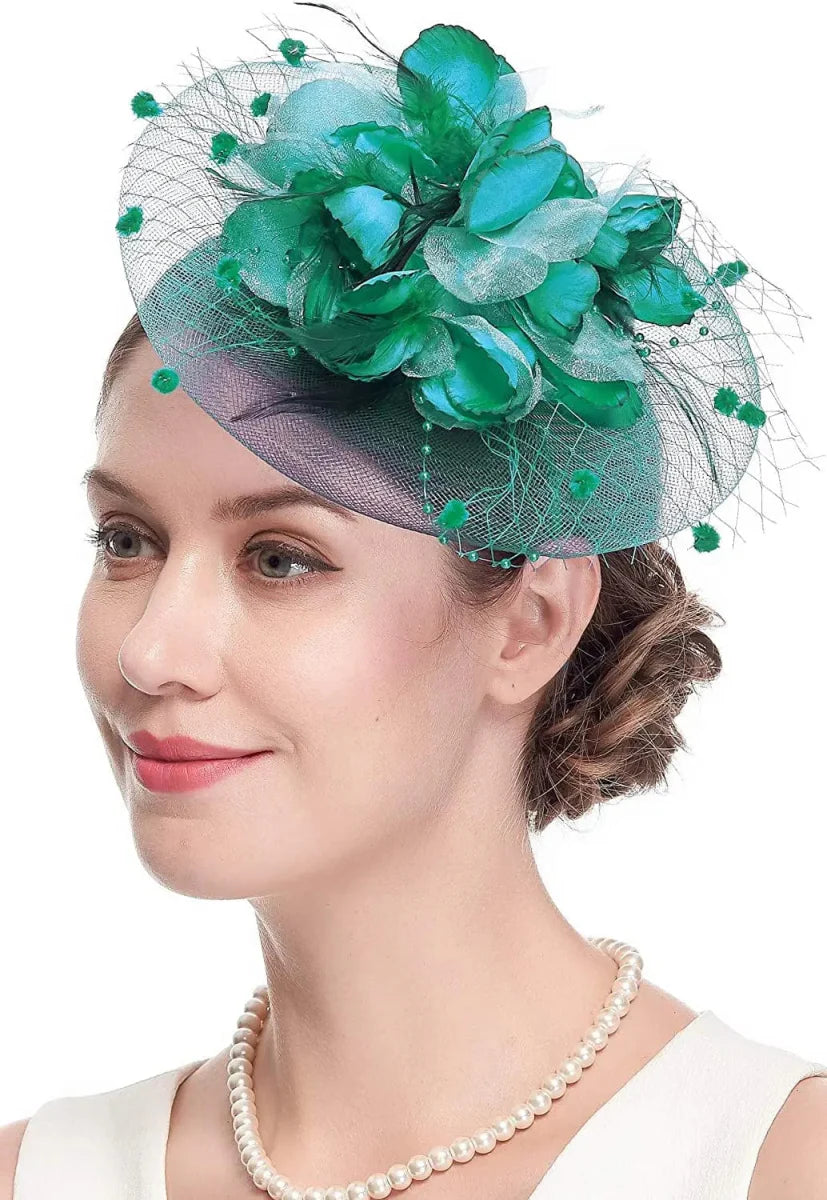Showlu Women's Mesh Flower Fascinator Hat with feather veil, elegant wedding headwear for women, suitable for weddings and formal events.