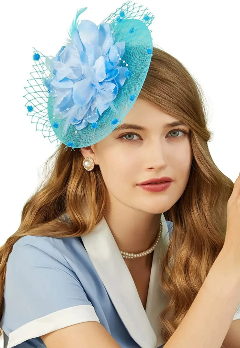 Showlu Women's mesh flower fascinator hat with feather veil, perfect for wedding, church, or tea party headwear.